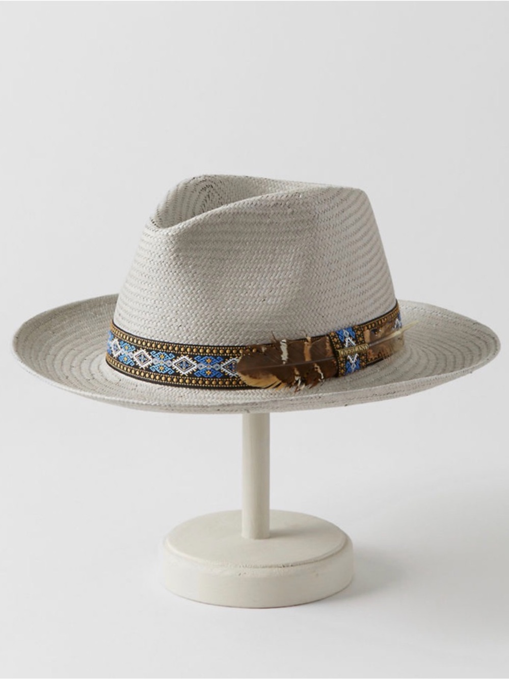 Overland NWT Gray Straw Fedora with Blue Beaded Band